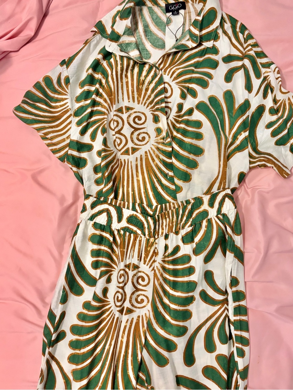 GGO White Jumpsuit with Green & Gold Botanical Print. Worn once.